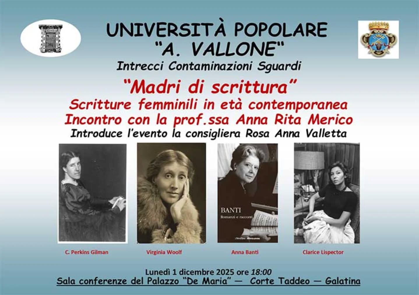 “Scritture femminili in età contemporanea”: all’UniPopolare di Galatina un incontro con Anna Rita Merico

🌐 www.galatina24.it
