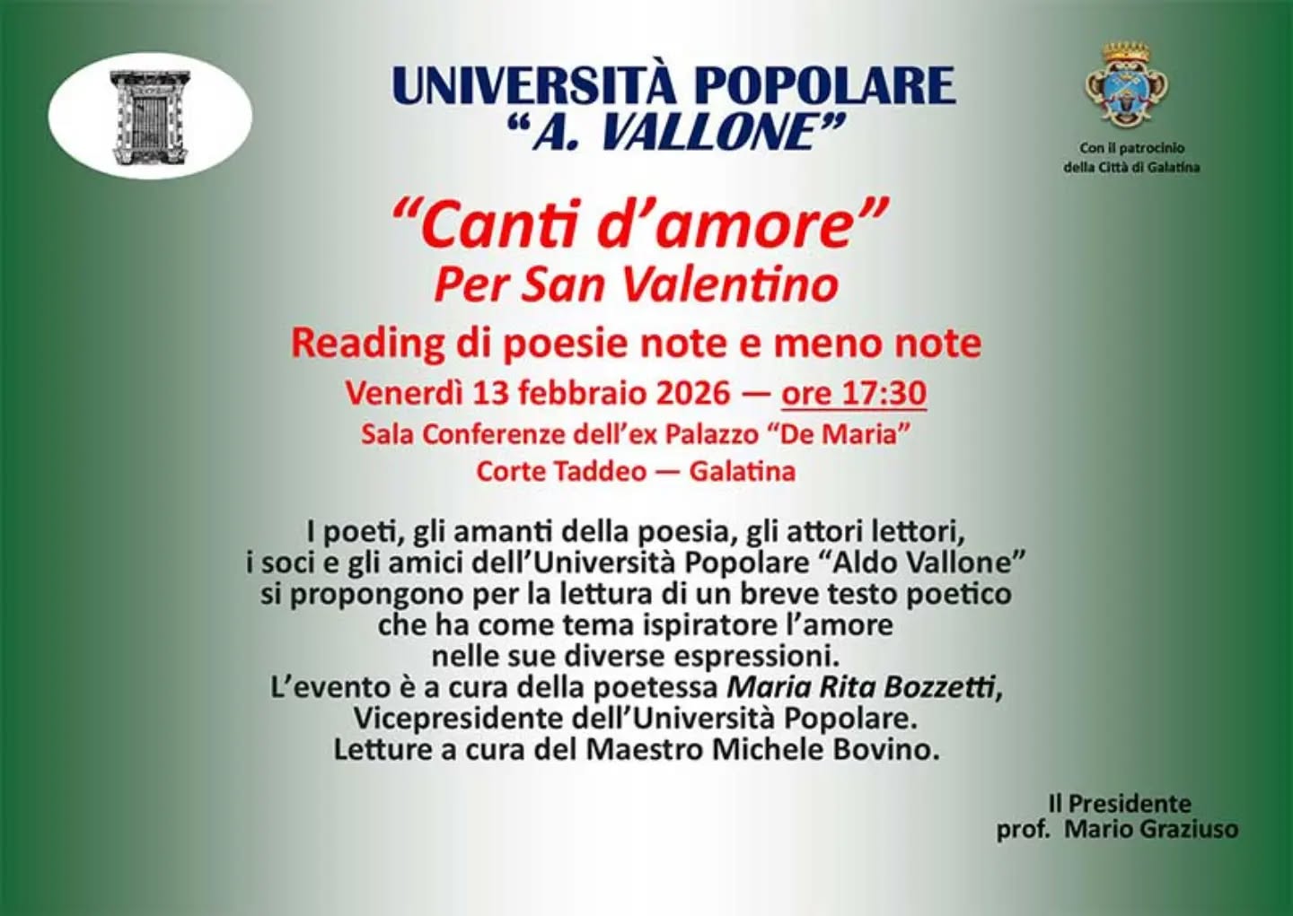 L’UniPopolare di Galatina organizza il reading poetico “Canti d’amore – Per San Valentino”

🌐 www.galatina24.it
