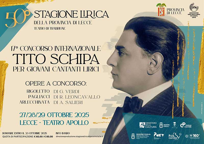 Al via il nuovo bando del 17° Concorso Internazionale Tito Schipa per giovani cantanti lirici Al via il nuovo bando del 17° Concorso Internazionale Tito Schipa per giovani cantanti lirici