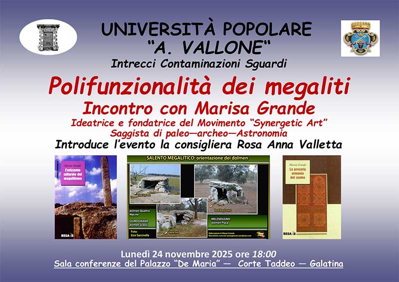Università Popolare Galatina: Marisa Grande introduce alla “Polifunzionalità dei megaliti”