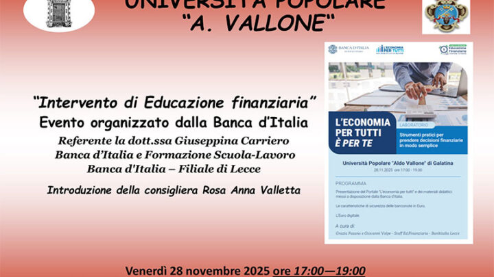 All’Università Popolare di Galatina “Strumenti pratici per le decisioni finanziarie dei cittadini”