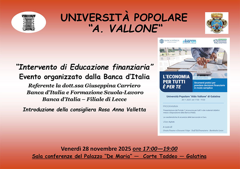 All’Università Popolare di Galatina “Strumenti pratici per le decisioni finanziarie dei cittadini”