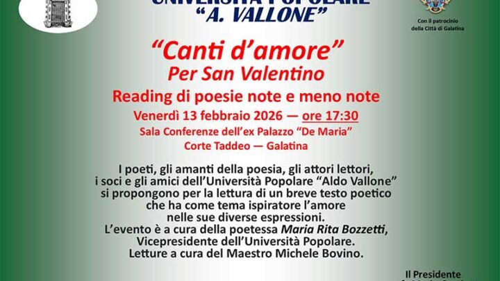 L’UniPopolare di Galatina organizza il reading poetico “Canti d’amore – Per San Valentino”