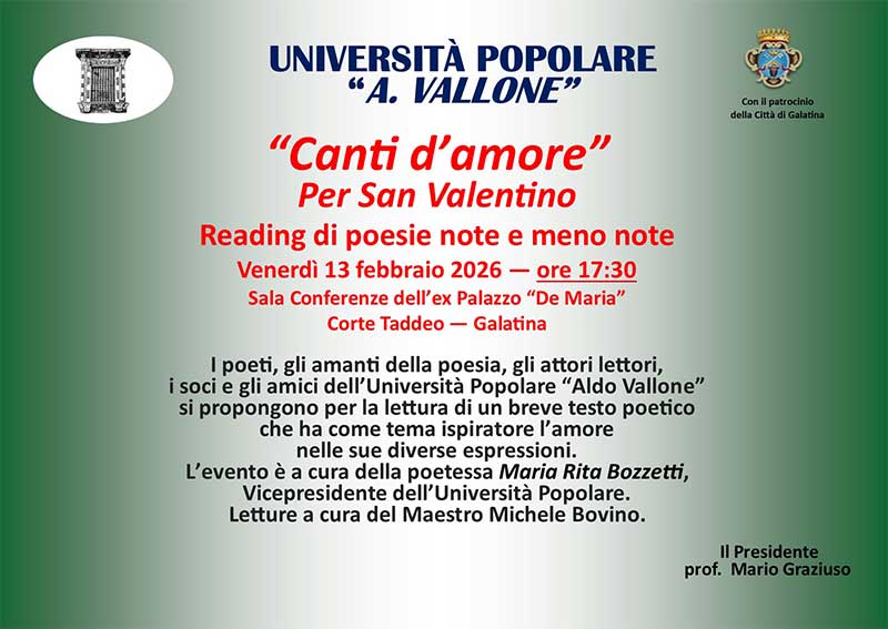 L’UniPopolare di Galatina organizza il reading poetico “Canti d’amore – Per San Valentino”