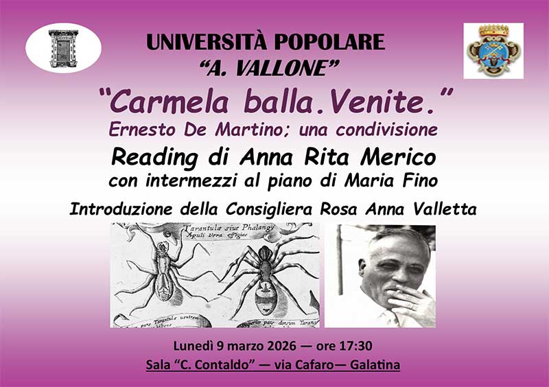 “Carmela balla. Venite”. All’UniPopolare di Galatina un reading di Anna Rita Merico