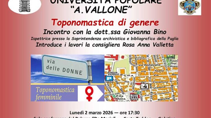 “Toponomastica di genere”. All’UniPopolare di Galatina un incontro con Giovanna Bino