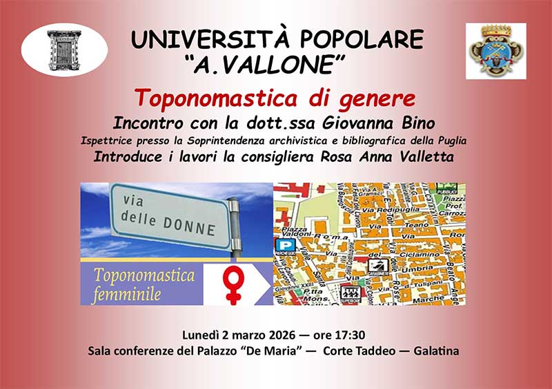 “Toponomastica di genere”. All’UniPopolare di Galatina un incontro con Giovanna Bino