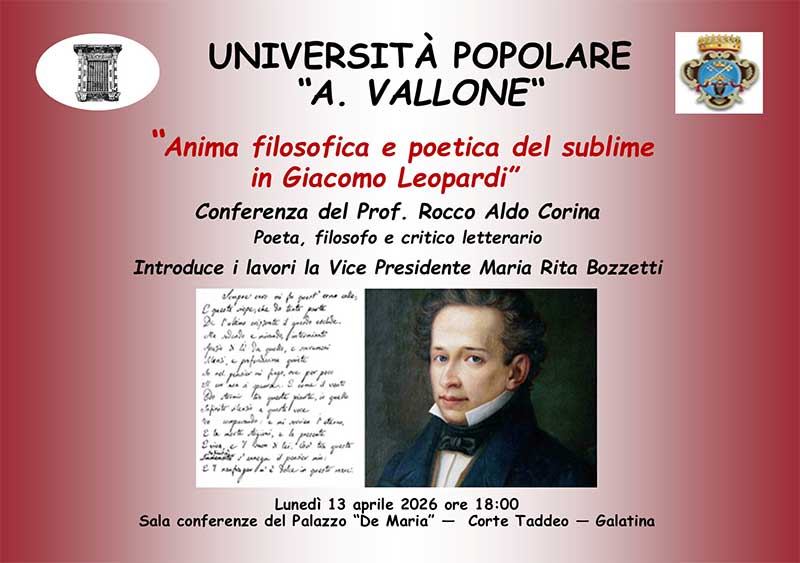“Anima filosofica e poetica del sublime in Giacomo Leopardi”. Una conferenza ad UniPopolare di Galatina