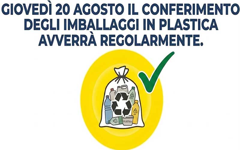 Galatina: raccolta plastica, giovedì 20 agosto il conferimento avverrà regolarmente