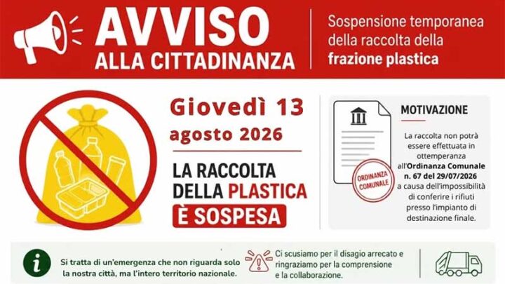 Galatina: servizio di raccolta plastica sospeso nella giornata di giovedì 13 agosto