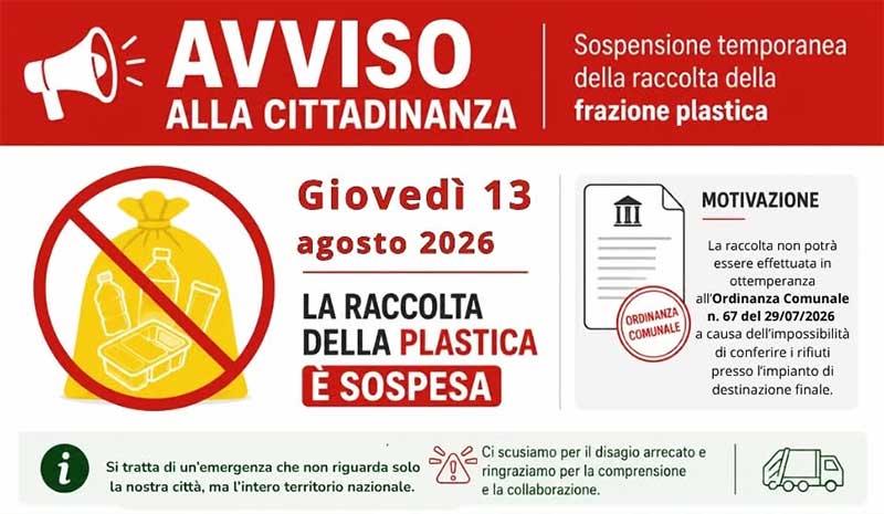 Galatina: servizio di raccolta plastica sospeso nella giornata di giovedì 13 agosto
