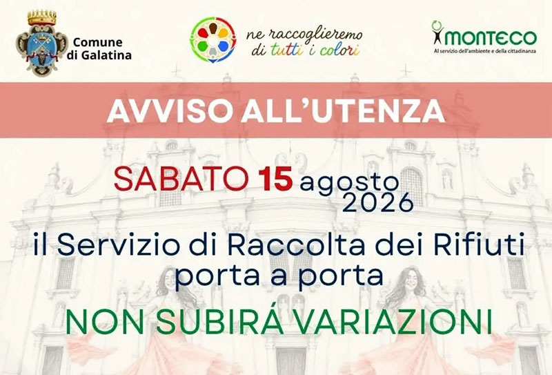 Galatina: sabato 15 agosto il servizio di raccolta dei rifiuti porta a porta non subirà variazioni